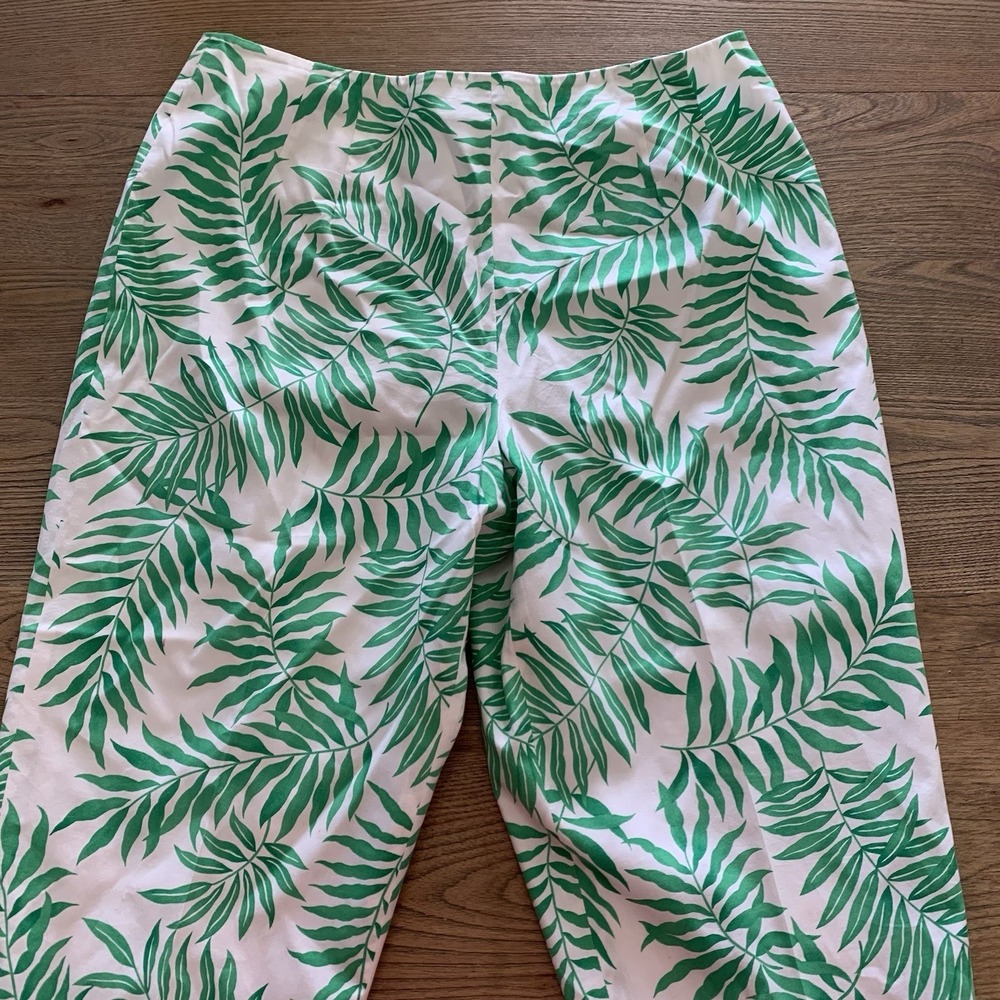 Talbots Petites Palm Leaf Crop Pants 12P White Green Tropical Stretch